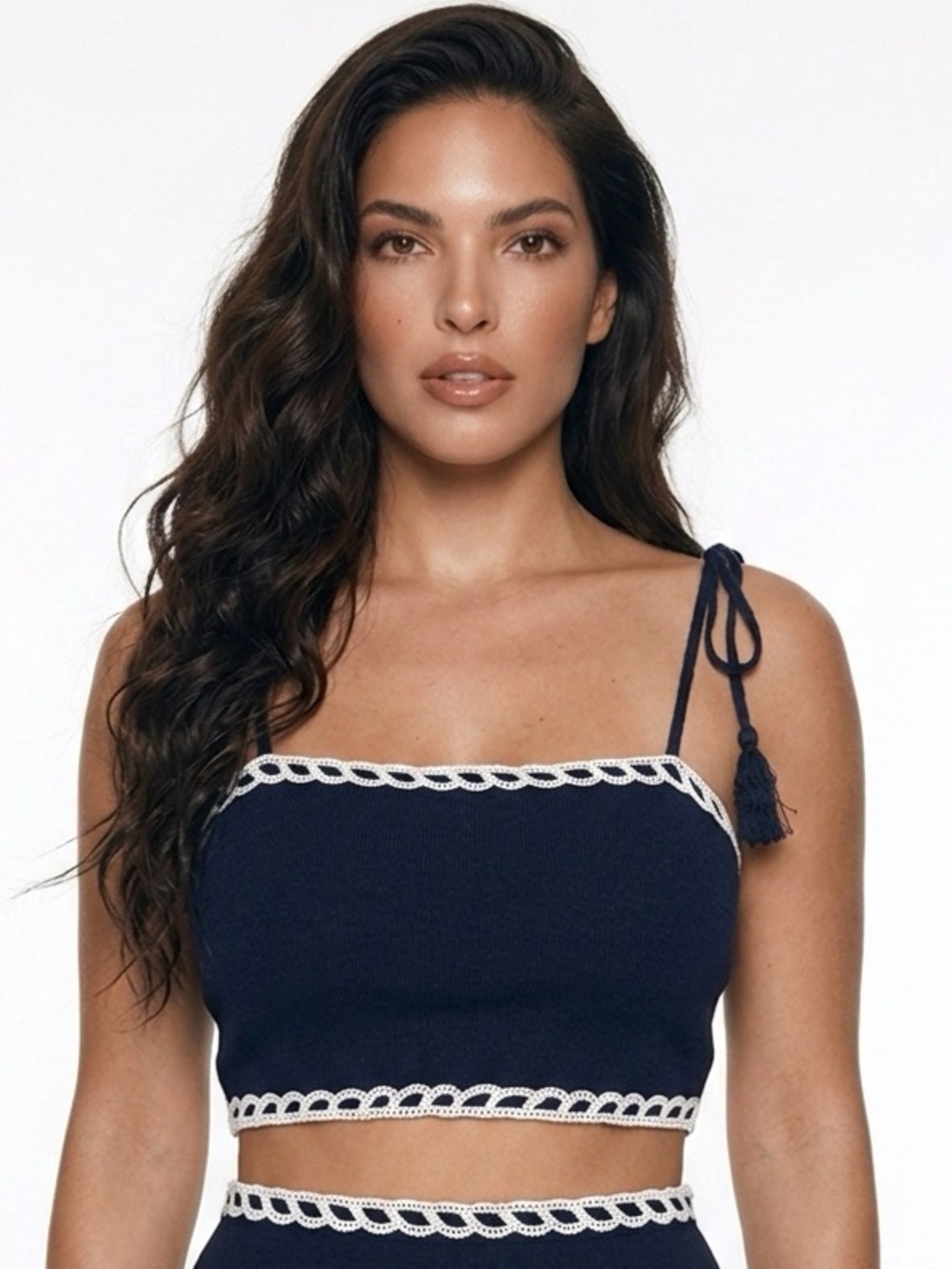 CHRISTIAN LACROIX | Navy Blue Linen Cropped Tie-Shoulder Top Women’s Size Large